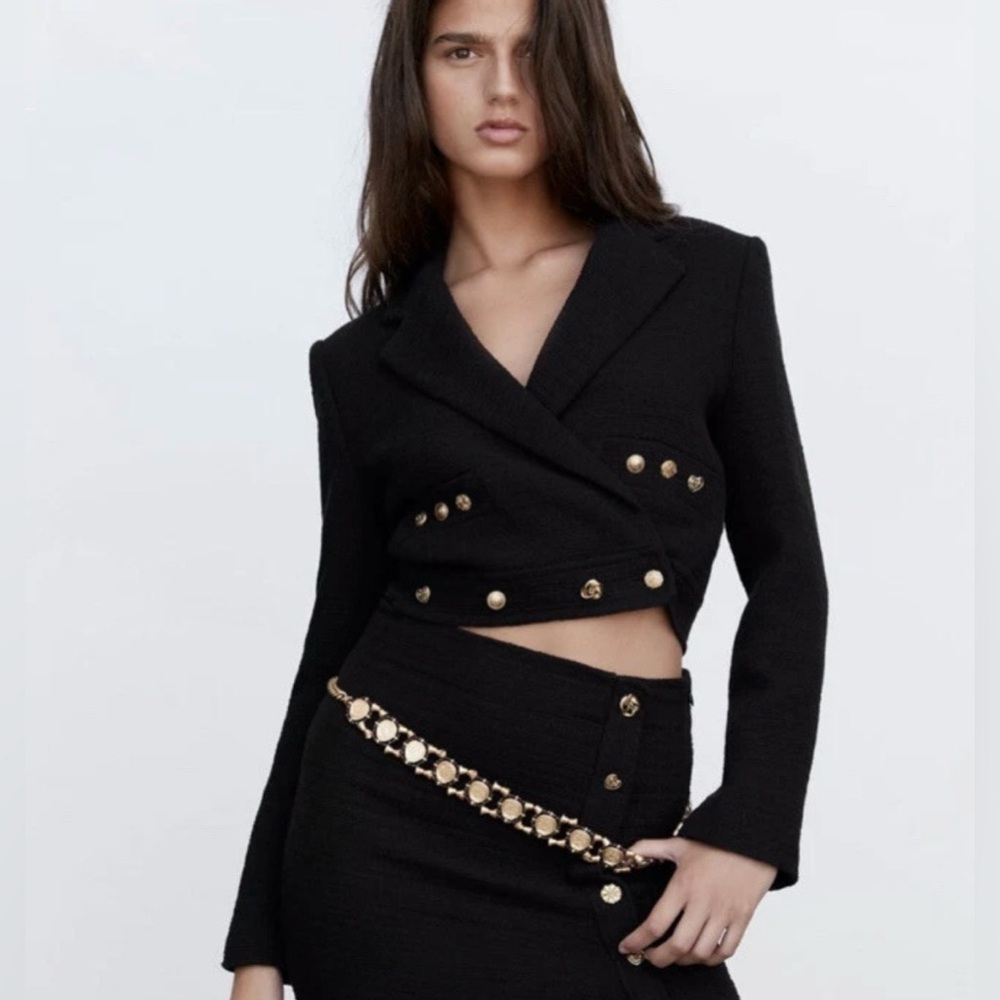 ZARA NEW Women’s CROPPED BUTTONED Textured Tweed BLAZER JACKET BLACK Size Small